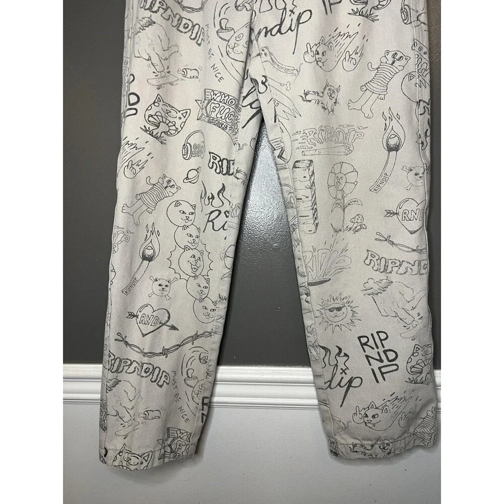 RIPNDIP Jeans Mens 30x28 White All Over Cat Print Straight Leg Denim Pants